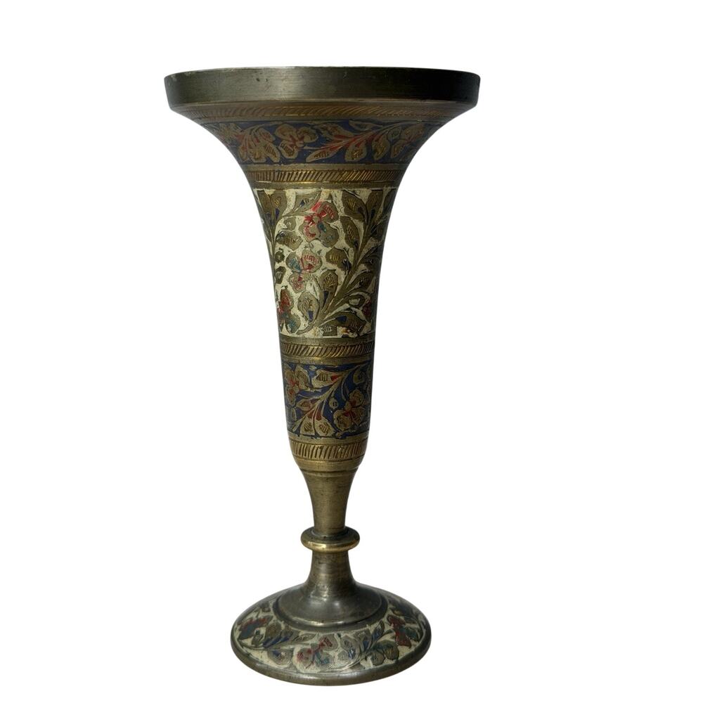 6" Vintage Brass Etched Engraved Enamel Painted Floral Vase Made In India‎